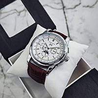 Механические класические мужские часы белые с коричневым ремешком Forsining Brown 319