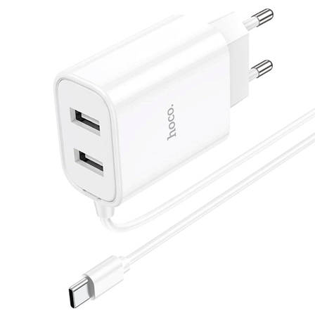 Зарядний пристрій HOCO C103A USB 2 xType-C, вбудований кабель, 2.1A, білий, фото 3