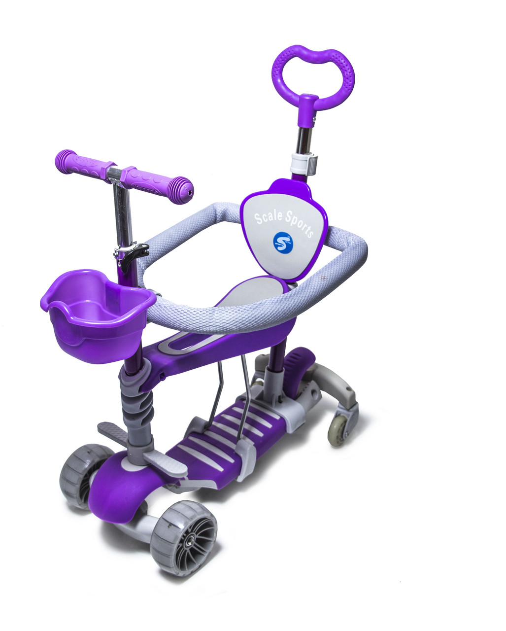 Дитячий самокат FULL Smart 5в1 з батьківською ручкою, сидінням, бортиком та подвійними колесами. Фіолетовий, фото 1
