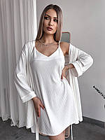 Нічна сорочка + халат із натуральної тканини рубчик (піжама 2ка) білий - M