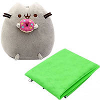 М'яка іграшка Pusheen cat з пончиком 23x25см Сірий та Пляжний килимок анти пісок SANDMAT 120*150см Green n-11952