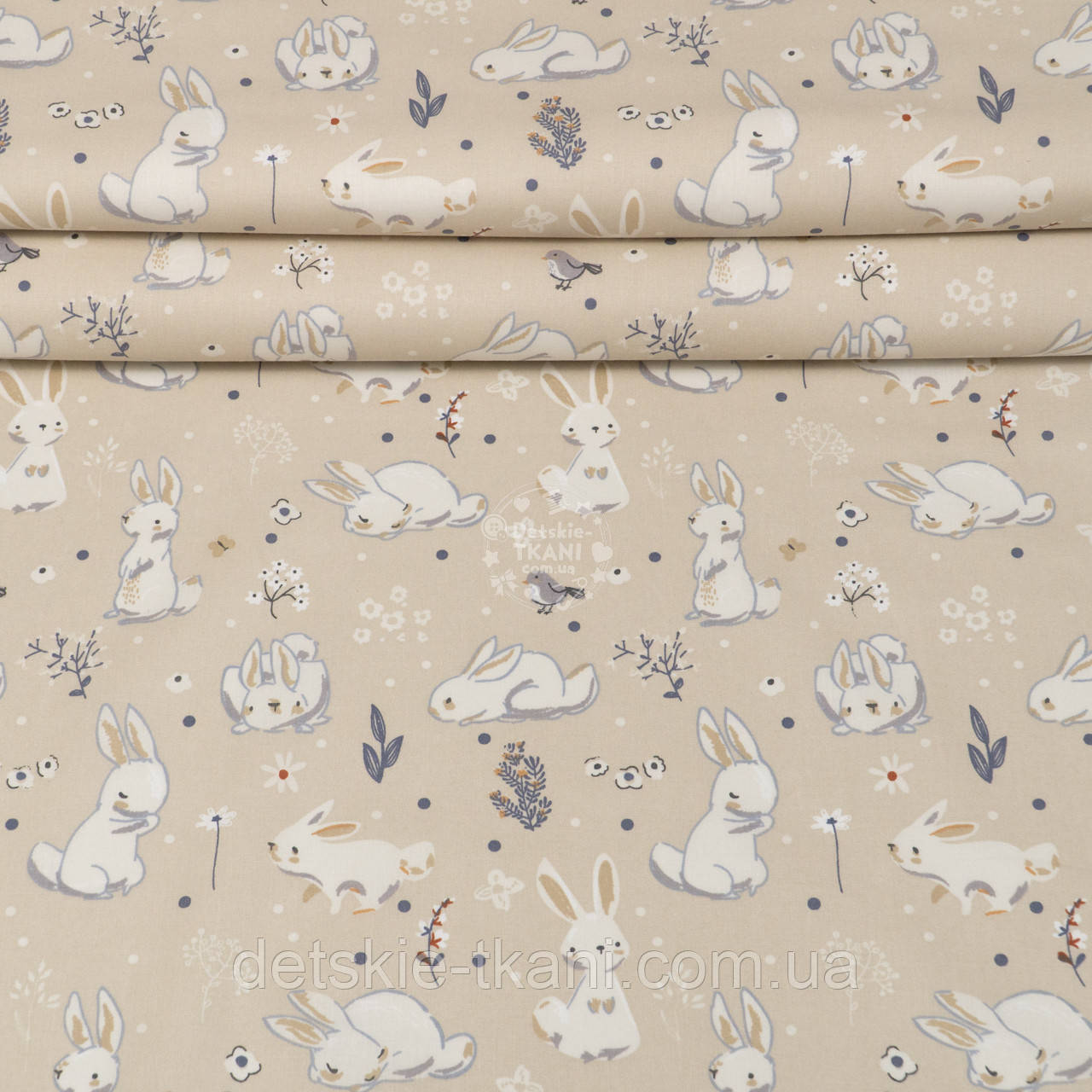 Ранфорс "Зайчики і квіточки" на бежевому тлі, №5031, фото 1