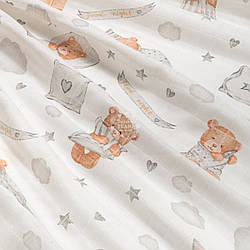 Муслін у квадратики "Сплячий ведмедик із зайчиком", ширина 160 см