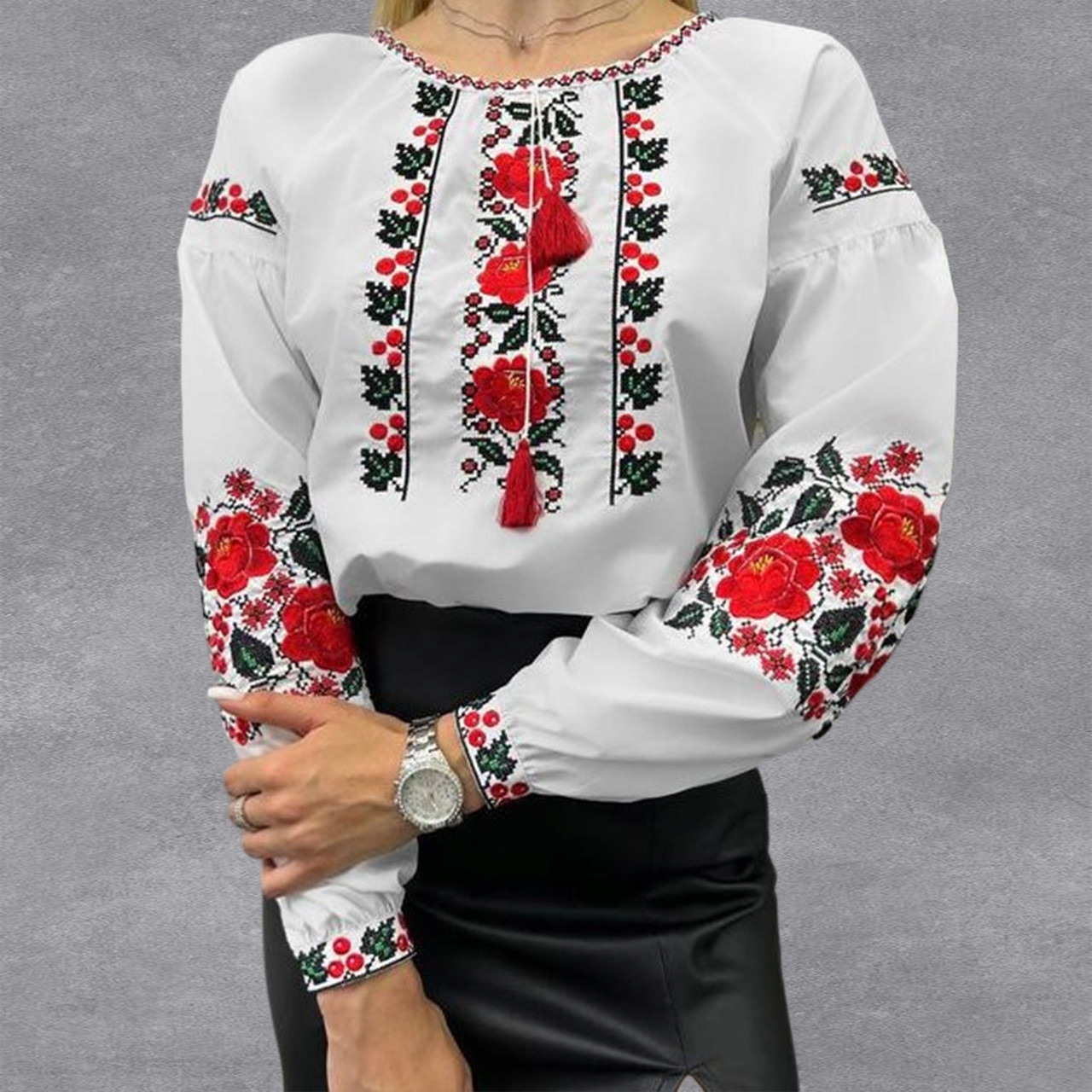 Біла вільна вишита сорочка, блуза, вишиванка с яскравою вишивкою розміри 42, 44, 46