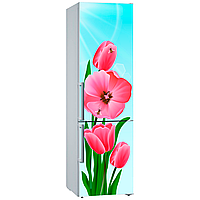 Виниловая цветная декоративная наклейка на дверь холодильника "Розовые тюльпаны на фоне неба" с оракала