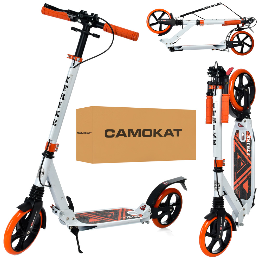 Самокат двоколісний складаний iTrike SR 2-018-10-WOR, біло-помаранчевий, ручне гальмо, замок, фото 1