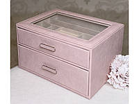 Велика скринька для прикрас зі шкірозамінника, 2 шухлядки, прозорий верх, Рожева