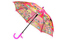 Яркий детский зонт трость полуавтомат на 8 спиц со свистком с рисунком кукол LOL
