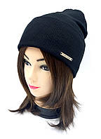 Шапка детская черная на зиму/осень акриловая 50р, теплая черная шапка New Style для девочки из акрила в рубчик
