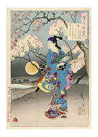 Открытка Японське мистецтво - Cherry Blossoms on the Sumida River The Actor Mizuki Tatsunosuke Viewing the Moo