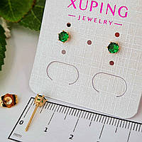Серьги гвоздики из круглого камня зеленого цвета 5мм, Пусеты из медицинского золота Xuping 18K