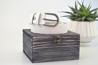 Білий ремінь жіночий натуральна шкіра в дерев'яній коробці на 8 березня |  від 80 до 140 см