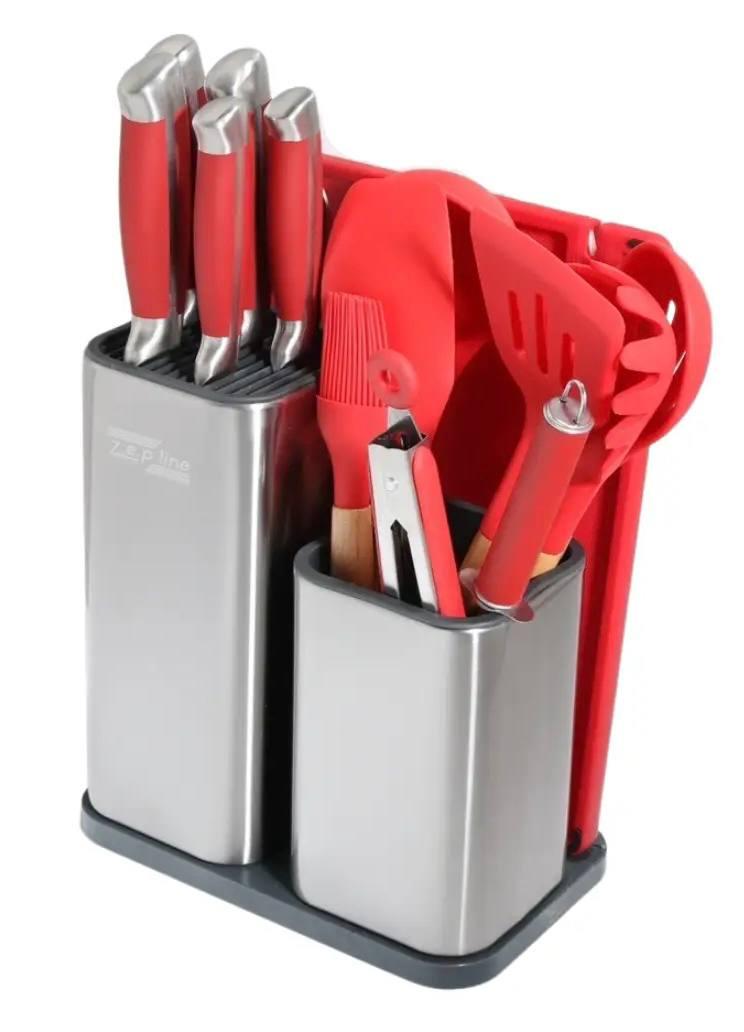 Набір кухонного приладдя та ножі з підставкою + обробна дошка 17 предметів ZP - 047 червоний