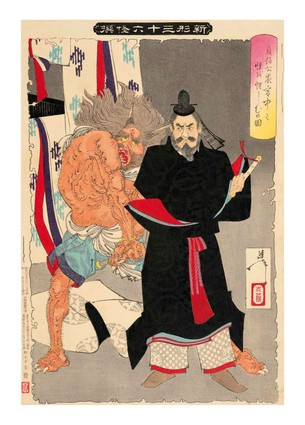Листівка Японське мистецтво - Lord Sadanobu Threatens the Demon at Night in the Palace, фото 1