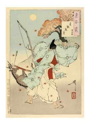 Листівка Японське мистецтво - Minamoto no Tsunemoto Shooting Deer at the Empress' Palace