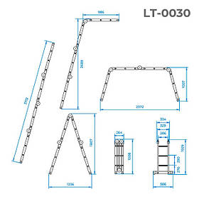 Драбина INTERTOOL LT-0030 з алюмінію, багатофункціональна, трансформер, 4*3 сходинки, 3,70 м