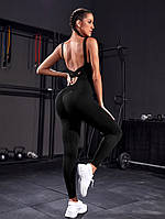 Комбинезон женский для фитнеса и тренировок черный с открытой спиной легинсы Фитнес-костюм с эффектом пуш ап