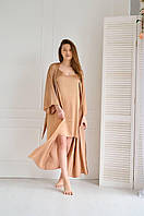 Стильный женский комплект ночная рубашка и удлиненный халат цвета кофе из материала итальянский шелк