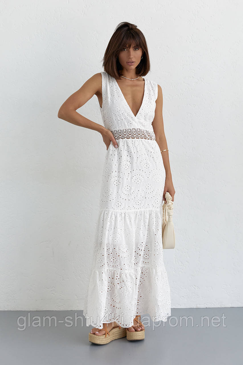 Довге плаття з прошви та мереживом на талії — білий колір, 36р (є розміри)