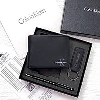 Мужской подарочный набор Calvin Klein черный кожаный кошелек из натуральной кожи в подарочной упаковке
