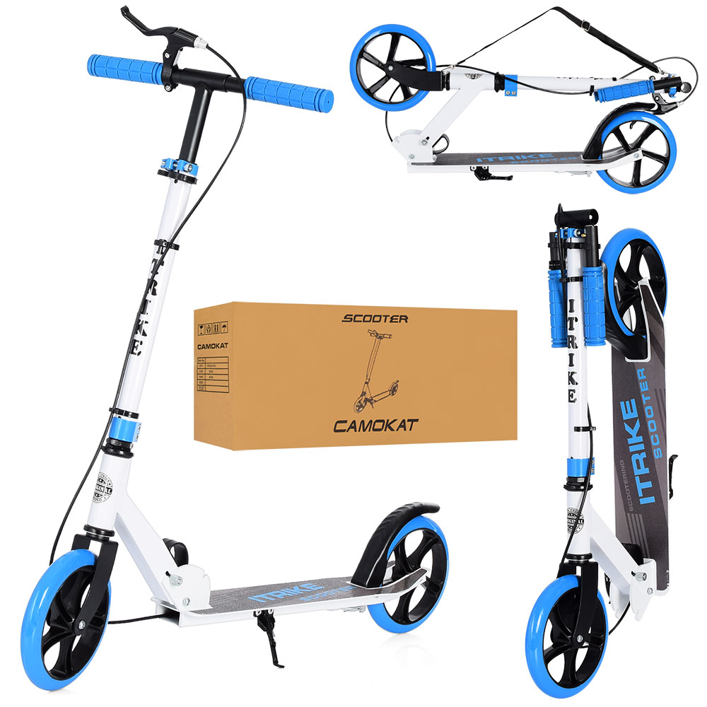 Самокат двоколісний складаний iTrike SR 2-051-WBL біло-синій, ручне гальмо, фото 1
