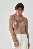 Короткий в'язаний светр у рубчик із рукавами-регланами — світло-коричневий колір, L (є розміри)