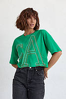 Укорочена жіноча футболка з вишитими літерами — зелений колір, S/M (є розміри)
