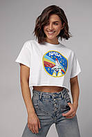 Укорочена жіноча футболка з принтом Nasa — білий колір, L (є розміри)