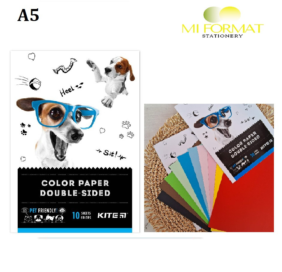 Папір кольоровий А5 Kite Dogs 10 арк/10 кольорів, двосторонній  Кольоровий папір для рукоділля Папір різнокольоровий