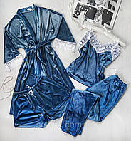 Бархатная женская пижама 4 в 1 (халат, майка, шорты и штаны), элегантная бархатная пижама S, Серо-голубой