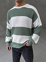 Чоловічий стильний в'язаний светр оверсайз зелений з білим