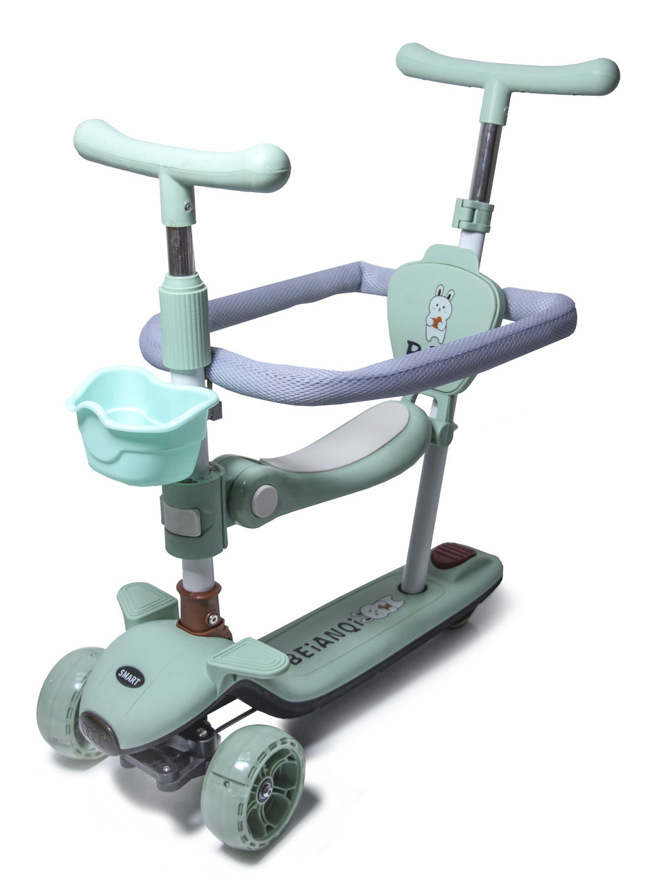 Самокат 5в1 для малюків від 10 місяців, з бортиком, підсвічуванням та музикою BAQ. М'ятний колір, фото 1