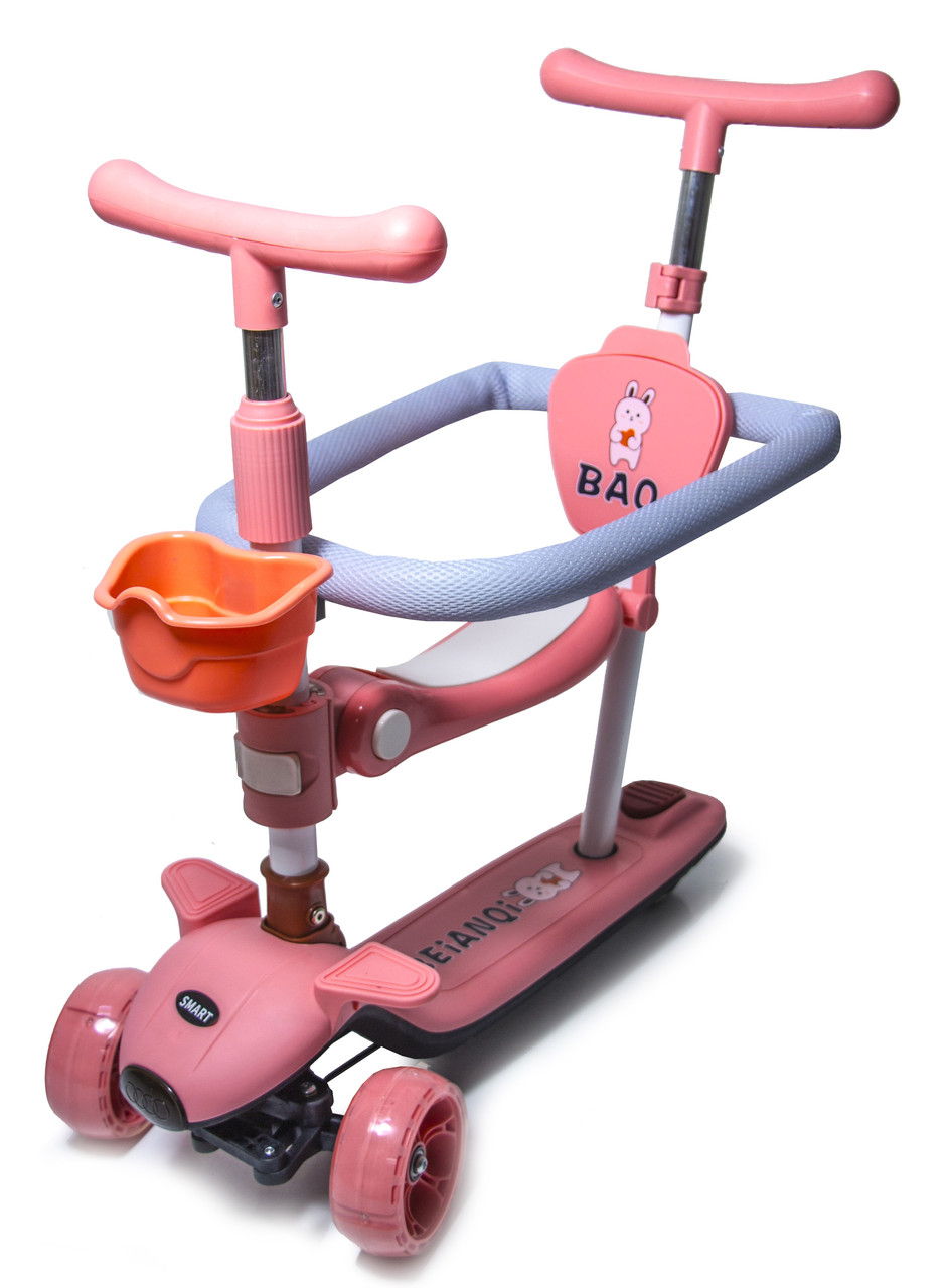 Самокат 5в1 для малюків від 10 місяців, з бортиком, підсвічуванням та музикою BAQ. Рожевий колір