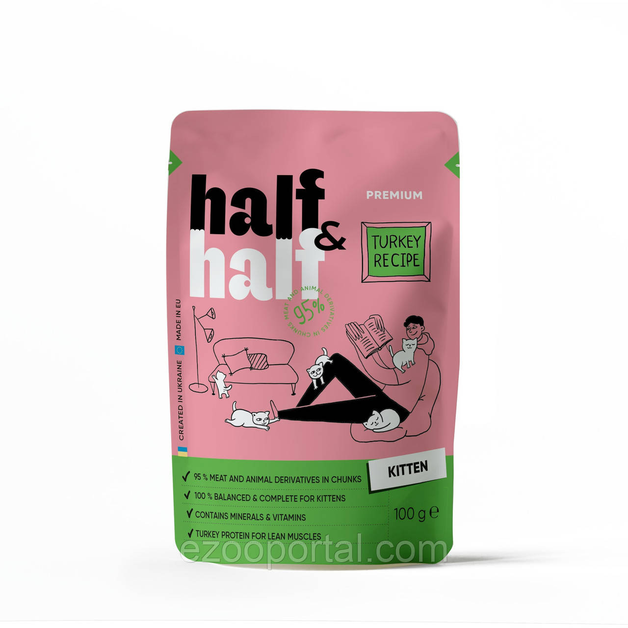 Корм вологий Half&Half для кошенят шматочки з індичкою у желе у формі пауча 100г