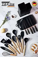 Набор ножей и кухонных принадлежностей качественные с подставкой 19 предметов черный с деревянными ручками