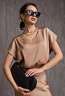 Жіноча літня однотонна шовкова блуза з коротким рукавом, колір мигдаль (бежевий)
