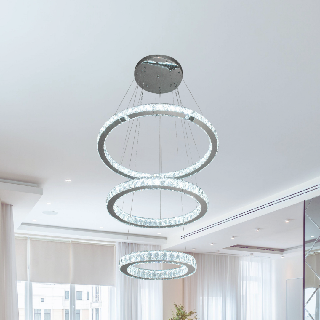 Королівська Led люстра з кришталевими кільцями Diasha 110W до 20 м² колір Хром 7201-3D/750+580+400