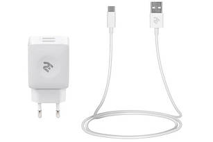 2E Набір Мережевий ЗП Wall Charger Dual USB-A 2.4A+кабель USB-C White