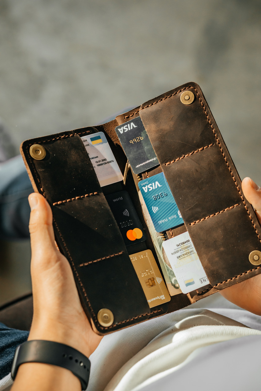 Чоловічий стильний клатч довгий гаманець темно-коричневий на кнопці, шкіряні гаманці та портмоне ручної роботи для карток, грошей