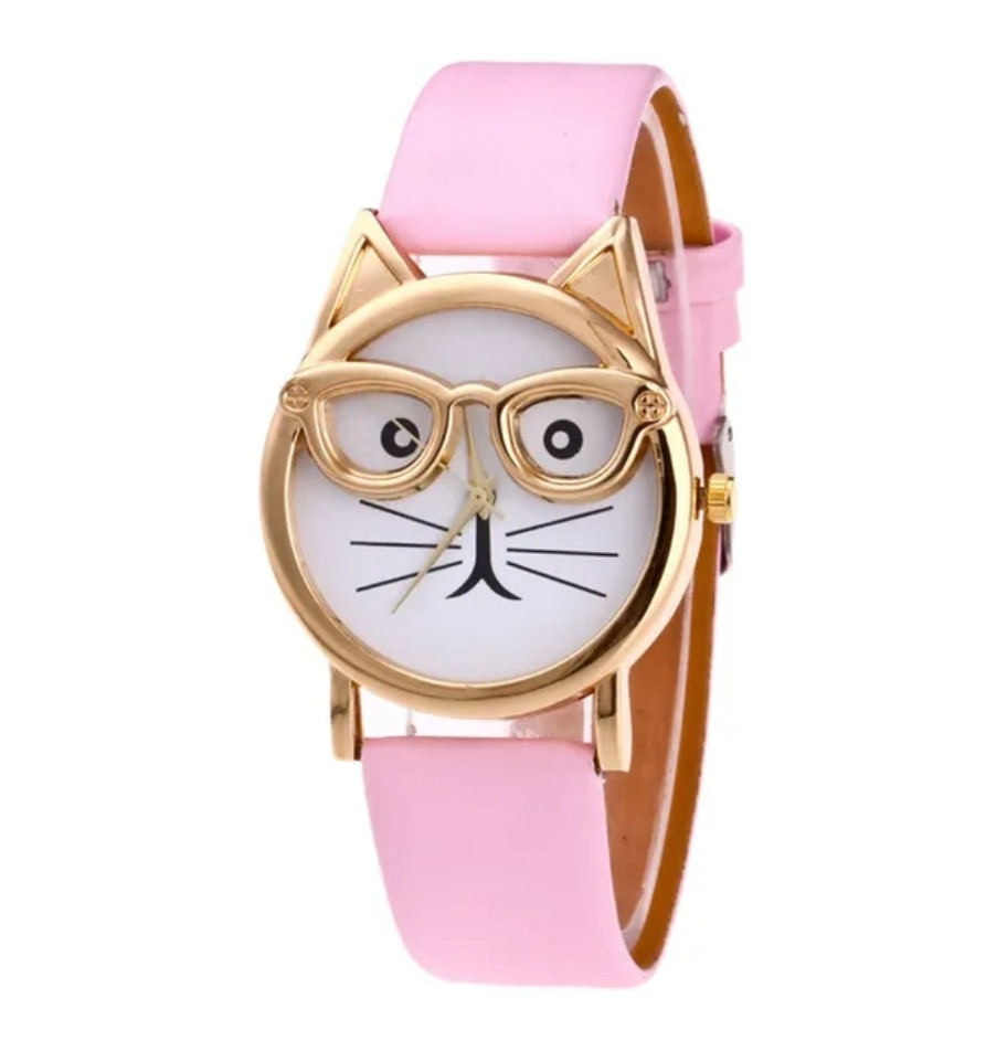 Жіночий наручний годинник з котячим циферблатом. Кварцові годинники для дівчаток. Годинники жіночі золотий корпус. Рожевий