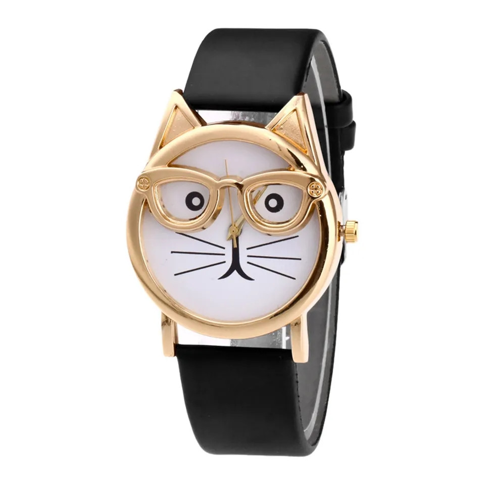 Жіночий наручний годинник з котячим циферблатом. Кварцові годинники для дівчаток. Годинники жіночі золотий корпус. Чорний