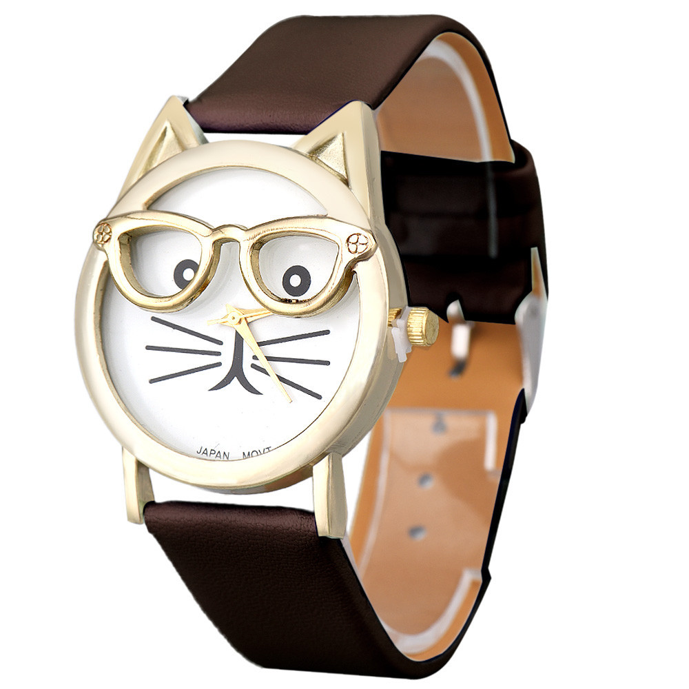 Жіночий наручний годинник з котячим циферблатом. Кварцові годинники для дівчаток. Годинники жіночі золотий корпус. Коричневий