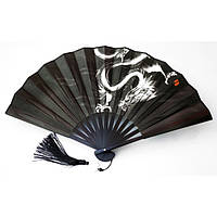 Китайский веер с Драконом складной с кисточкой черный, веер ручной сатиновый