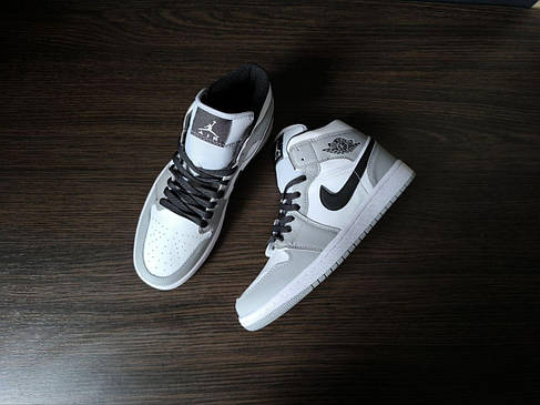 СЕРЫЕ Кроссовки NIKE Air Jordan высокие на шнурках мужские унисекс демисезон натуральная кожа, фото 1