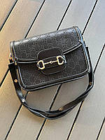 Женская сумка из эко-кожи Gucci black Гуччи черная молодежная, брендовая сумка через плечо