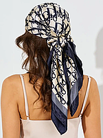 Жіноча хустка бежева, синя, золотиста, легкий шарф, дизайнерська шовкова хустка на голову, весняна бандана, брендовий платок 90 см