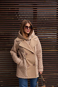 Стьобана комбінована куртка демісезон середньої довжини з капюшоном куліска по талії кемел