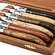 Набір з 6 ножів для стейка ручної роботи Laguiole з ручками різних порід дерева в дерев'яній коробці, фото 5