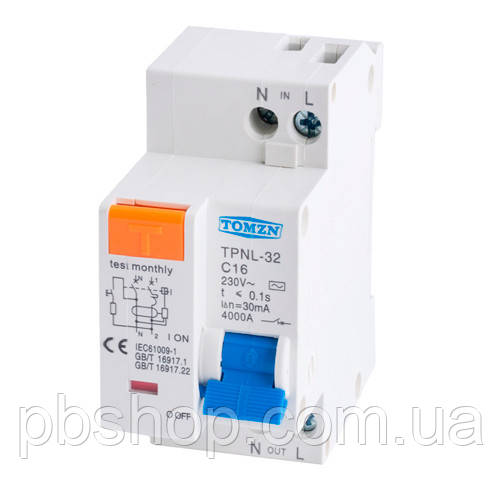 Автомат диференціальний 16А 30мА, дифавтомат АС, TOMZN TPNL-32-C16