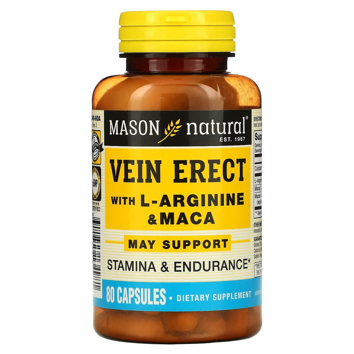 Підтримка чоловічої Сили з L-аргініном і макою, Vein Erect with L-Arginine & Maca, Mason Natural, 80 капсул
